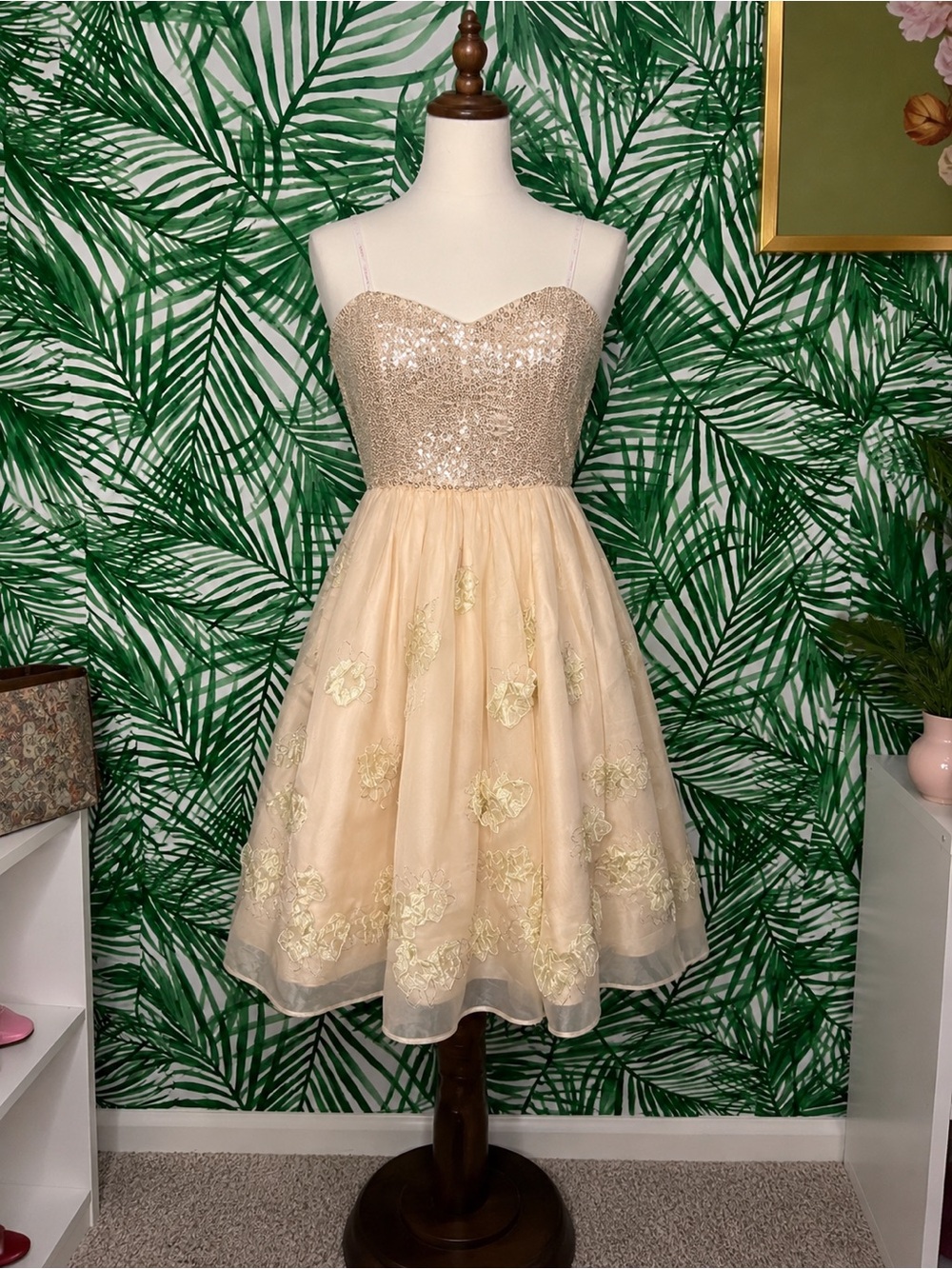 Betsey Johnson Champagne and Gold Sequin Strapless Prom Dress